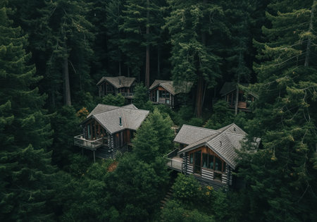 Sustainable log cabins built into a dense coastal redwood forest, showcasing an eco friendly community and tranquil nature retreat.の素材