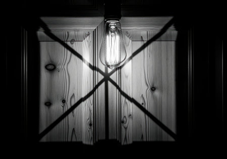 Bare edison bulb illuminates a wooden wall, casting sharp, intersecting shadows in a high contrast black and white composition. focus on light, darkness, and texture.の素材