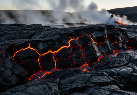 Fractured volcanic rock with bright orange glowing lava cracks, surrounded by dark solidified lava formations. an active lava flow and steam rise in the distant background, creating a dramatic and powerful natural scene.の素材