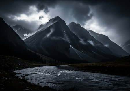 Rugged mountain peaks shrouded in dark clouds, with a powerful river winding through the valley below, capturing the dramatic atmosphere of an impending storm.の素材