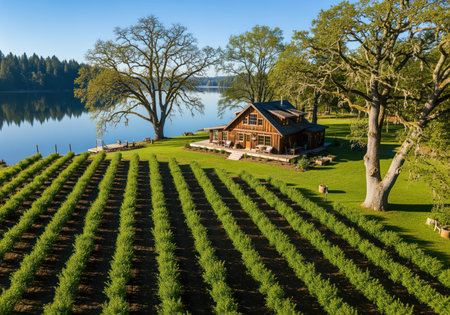 Vibrant green rows of a vineyard or orchard stretch towards a rustic wooden cabin nestled by a serene lake, framed by mature trees under a clear blue sky.の素材