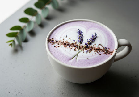 Aromatic lavender latte served in a minimalist white ceramic cup, featuring delicate heart latte art, real lavender flowers, and dark chocolate shavings. refreshing and elegant beverage.の素材