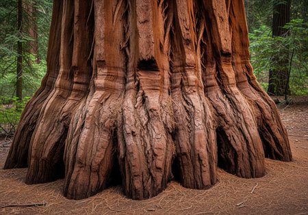 Massive redwood tree base, showcasing its reddish brown, textured bark and powerful root system. represents nature, growth, and environmental conservation.の素材