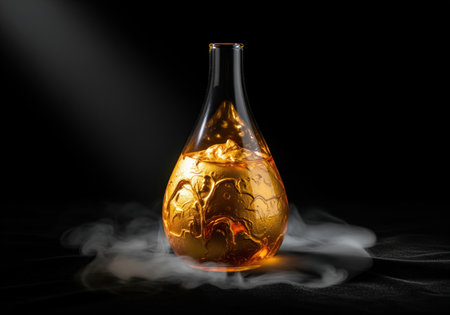Viscous golden liquid inside a clear teardrop shaped glass vessel, illuminated by a dramatic spotlight, with ethereal smoke swirling around its base on a dark background.の素材
