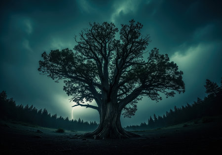 A majestic sentinel tree stands firm against a violent thunderstorm, illuminated by a distant lightning strike. dark clouds loom over a misty forest, creating a dramatic and powerful natural scene.の素材