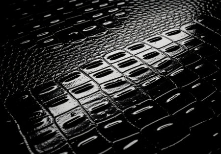 Highly reflective wet patent black faux leather showcasing a luxurious crocodile scales texture. intense low key macro detail for elegant design.の素材
