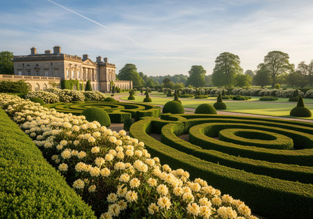 Grand historic manor house with expansive formal gardens, featuring meticulously manicured hedges in spiral and geometric shapes, vibrant yellow flowers, and lush green lawns under a bright blue sky.の素材