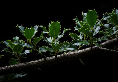 Dark green holly leaves with sharp, spiky edges grow on a gnarled branch, highlighted against a deep black background. symbolizes christmas, winter, and evergreen nature.の素材