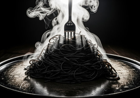 Black squid ink spaghetti piled high on a dark metal tray, pierced by a fork, with rising steam against a dramatic dark background. gourmet and intense culinary presentation.の素材