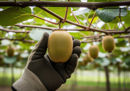 Gloved hand carefully picking a ripe, fuzzy kiwi fruit from a vine in a commercial orchard. focus on harvest, agriculture, and fresh produce.の素材