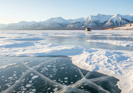 Frozen lake surface with intricate cracks and trapped air bubbles, surrounded by snow. distant snow capped mountains and a small, isolated hut define the vast winter landscape under a clear sky.の素材