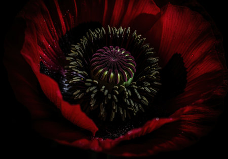 Dark red poppy flower in a dramatic low key close up, highlighting the intricate textured seed pod, stamens, and velvety petals with water droplets.の素材