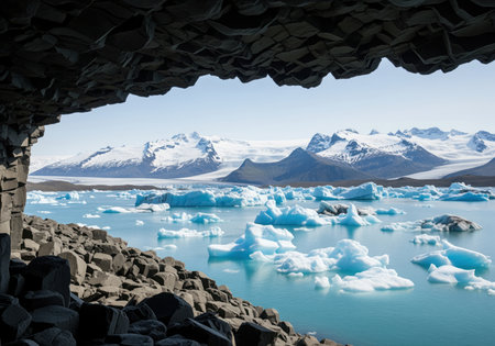 Glacial lagoon filled with floating icebergs, viewed from inside a dark basalt cave. snow capped mountains and a vast glacier are visible in the distance under a clear sky, highlighting climate change.の素材