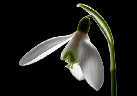 Solitary white snowdrop flower with delicate petals and green markings, captured in a dramatic close up against a deep black background, symbolizing hope and new beginnings.の素材
