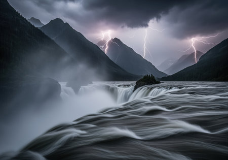 Powerful waterfall cascades into a turbulent river, framed by dark, misty mountains under a stormy sky with multiple lightning strikes.の素材
