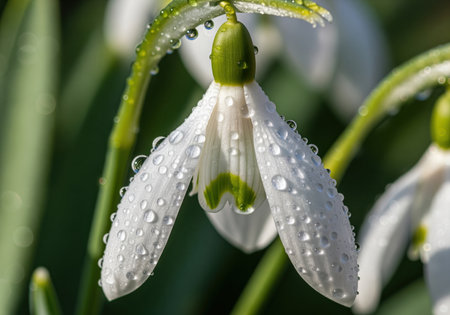 Delicate white snowdrop flower covered in fresh water droplets, symbolizing spring, purity, and new beginnings. macro view highlighting intricate details and natural beauty.の素材