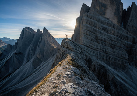 A lone climber stands triumphantly on a narrow mountain ridge, arms raised, silhouetted against the setting sun in the rugged dolomites. the scene conveys achievement, adventure, and freedom.の素材