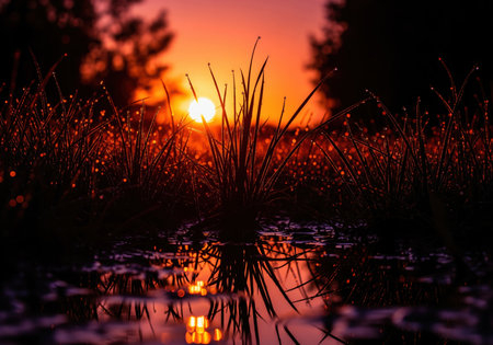 Tall grass blades with sparkling dew drops silhouetted by a vibrant sunrise, reflecting warm light in a still water puddle at dawn.の素材