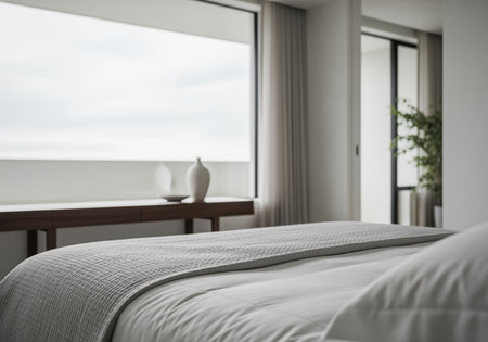 Minimalist bedroom interior featuring a comfortable bed with white and gray bedding. an expansive window reveals an overcast sky, with a console table holding a decorative vase and bowl. serene and modern design.の素材