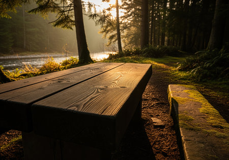 Rustic wooden picnic table and bench bathed in warm golden hour sunlight within a serene forest clearing beside a flowing river, perfect for outdoor relaxation.の素材