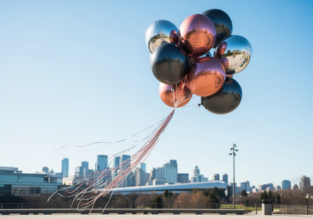 Metallic foil balloons in rose gold, silver, and black floating against a bright blue sky with a modern city skyline in the background. celebration and freedom concept.の素材