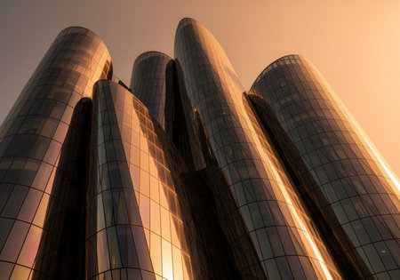 Modern architectural glass towers with curved facades reflecting the warm golden hour sunlight. contemporary design and urban development concept.の素材