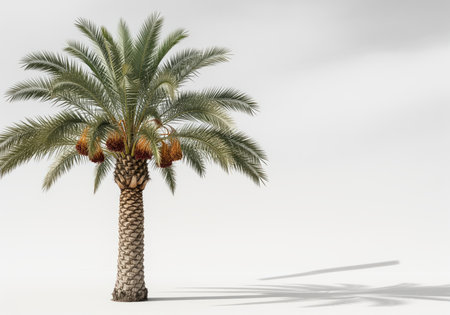 Elegant date palm tree standing alone with lush green fronds and clusters of ripe dates. its textured trunk casts a long shadow on a clean white surface, symbolizing tropical growth and natural beauty.の素材