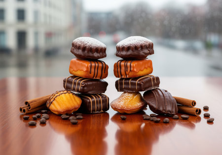 Two elegant stacks of assorted petit fours and madeleines, some chocolate covered, some glazed, adorned with powdered sugar, cinnamon sticks, and coffee beans on a polished wooden surface.の素材