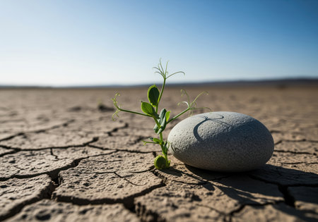 A small green pea sprout with tendrils unfurling grows next to a smooth grey stone on a vast expanse of dry, cracked earth under a clear blue sky, symbolizing resilience and new life.の素材