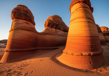 Close up of ancient, wind eroded sandstone pillars and wavy rock formations, showcasing their unique textures and warm colors under a clear sky. ideal for travel, nature, or geological themes.の素材