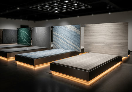 Large natural stone slabs, including quartz and travertine, displayed on sleek illuminated platforms in a modern design studio. showcases diverse patterns and colors for architectural and interior applications.の素材
