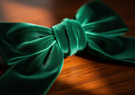 Luxurious emerald green velvet ribbon bow, artfully arranged on a dark, polished wooden surface. the plush texture of the velvet catches the light, creating a sophisticated and elegant visual.の素材