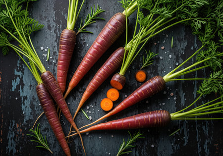 Freshly harvested purple heirloom carrots with vibrant green tops, some sliced, arranged on a dark rustic wooden surface with salt and rosemary. healthy organic vegetable.の素材