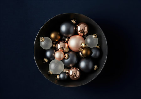 Modern christmas ornaments in rose gold, matte grey, and frosted glass fill a sleek black bowl, presented in a sophisticated flat lay.の素材
