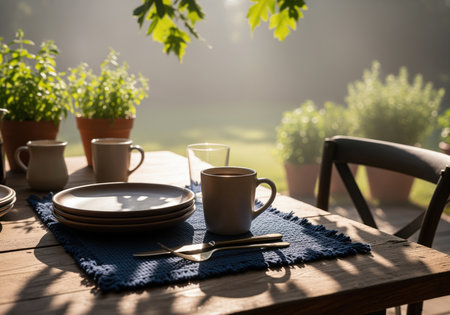 Cozy outdoor breakfast table set on a wooden patio, showcasing ceramic dishes, cutlery, and a blue placemat. soft morning light filters through leaves, highlighting potted herbs in the background.の素材