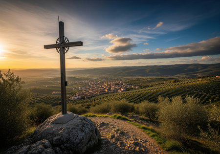 Rustic wooden cross stands on a rocky hill, silhouetted against a vibrant sunset sky, overlooking a charming village nestled among rolling olive groves and distant mountains.の素材