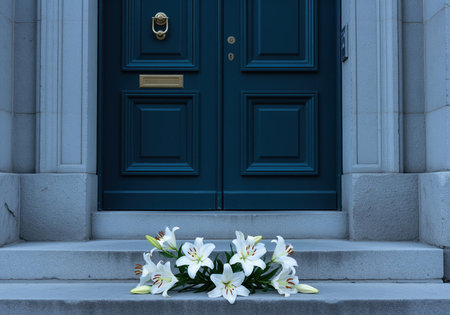 Delicate white lilies carefully placed on gray stone steps leading to a dark teal wooden door with brass hardware. symbolizes remembrance, loss, and condolence.の素材