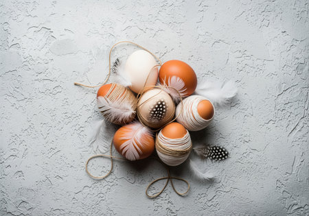 Natural brown and cream easter eggs decorated with delicate white feathers and rustic twine, arranged on a textured gray background. represents spring, holiday, and celebration.の素材