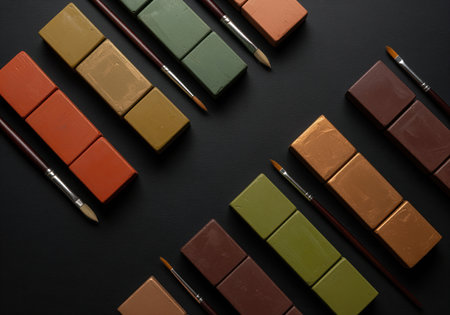 Earthy toned oil pastels and fine paintbrushes arranged geometrically on a dark background. art supplies for painting, drawing, and creative projects.の素材