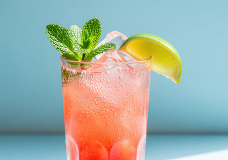 Sparkling pink grapefruit soda in a tall glass, garnished with fresh mint leaves and a bright lime wedge. refreshing beverage with ice cubes and visible bubbles.の素材