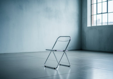 Sleek silver chrome folding chair positioned centrally in a spacious, minimalist industrial loft. diffused daylight streams through a large window, highlighting the clean, empty interior.の素材