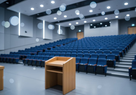 Empty modern university lecture hall featuring tiered blue seating and a wooden podium. perfect for academic, corporate, and conference event themes.の素材