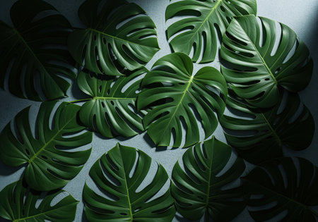 Lush dark green monstera leaves arranged in an overlapping pattern, casting natural shadows on a cool textured surface. botanical design for tropical themes.の素材