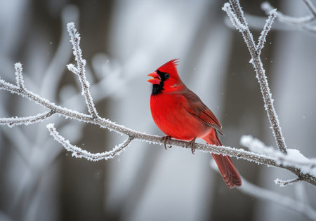 Bright red cardinal bird with black face mask perched on a snow dusted branch, showcasing vibrant plumage against a soft winter background. a symbol of winter beauty and resilience.の素材