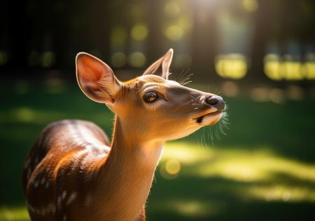 Young deer with spotted fur, ears perked, and head tilted, looking up in a sunlit forest. natural wildlife scene with warm light and bokeh effect.の素材