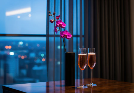 Two elegant rose champagne flutes and a vibrant purple orchid in a sleek black vase on a polished wooden table, with a blurred city skyline visible through a large window at dusk, creating a sophisticated atmosphere.の素材