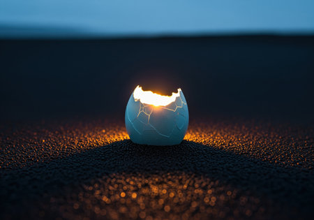 Cracked pale blue eggshell on dark textured ground, emitting a warm, bright light from within, creating a glowing effect at twilight.の素材