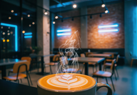 Steaming latte with intricate heart shaped art in a ceramic cup, set against the blurred backdrop of a trendy, industrial chic cafe with warm brick walls and cool blue neon lighting. cozy atmosphere for relaxation or work.の素材
