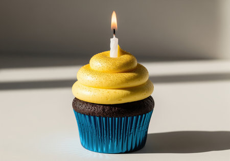 Sweet chocolate cupcake topped with vibrant yellow frosting, sparkling gold glitter, and a burning birthday candle, ready for celebration.の素材