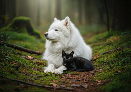 A beautiful white samoyed dog and a small black kitten lying together on a mossy forest floor, surrounded by green trees and soft light.の素材